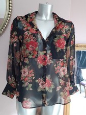*ZARA* black Sheer Floral Button Front Shirt Blouse Top Red Rose Pink Flowers 