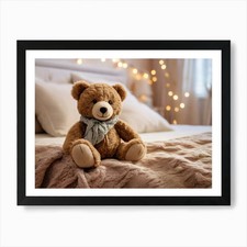 Teddy Bear On Bed 1 Art Print Framed Wall Art Poster Canvas Print Picture