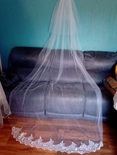 white veil 2 tier chapel length with comb lace & diamante edge V6