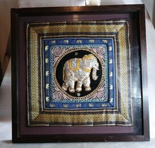 Framed Thai Elephant Tapestry Wall Art Gold Embroidery Wooden Frame 51x51cm