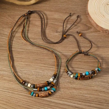 Boho Necklace & Bracelet Set – Tribal Beaded Adjustable Cord Jewellery Gift