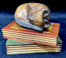 Vintage Carved Wooden Red & Green “Sleeping Cat on Books” Shelf Sitter/Ornament