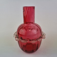 Antique Cranberry Glass Carafe Vase With Frill Waist 18cm High