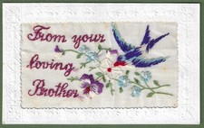 WW1 era Silk Postcard. Bluebird & Letter, "From Your Loving Brother"