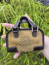 Auth LOEWE Amazona micro bag coin purse Tan suede/brown Leather Trim RARE 2006