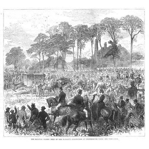 Hunting meet staghounds at - hunting, of