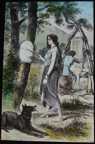 Stone age man weaving c1910 - stone,