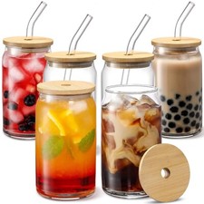 Glass Smoothie Iced Coffee Cup With Glass Straw And Bamboo Lid NEXT DAY DISPATCH