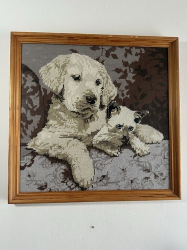 Vintage framed needlepoint - vintage, dog