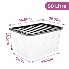 Plastic Storage Boxes with Black Lids Durable Stackable Home Office Clear Box UK