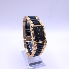 Elgin Diamond Dial Quartz Dress Watch Black & Gold Tone WORKING NEW BATTERY