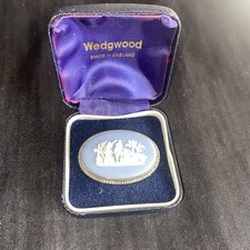Wedgwood Jasperware Blue Oval Landscape Brooch 42mm Jewellery Box + Manual inc.