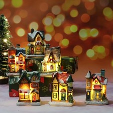 4pc Christmas LED Light Up Village House Scene Set Xmas Home Decor Ornament Gift