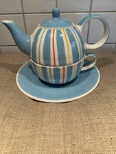 WHITTARD TEAPOT FOR ONE CUP AND SAUCER BLUE STRIPES HANDPAINTED 