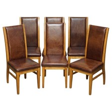 SIX VINTAGE ENGLISH OAK & HERITAGE BROWN LEATHER HALO HIGH BACK DINING CHAIRS