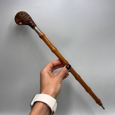Rare 1970s Hand-Carved Wooden Parrot Cane Handle | Vintage Bamboo Walking Stick