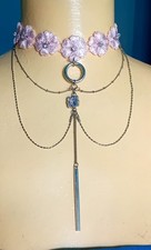 Freedom Pink Fabric & Rhinestone Flowers, Silver Tone Chain Choker Necklace E402