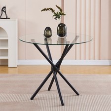 Round Clear Tempered Glass Dining Table Black Metal Legs Kitchen Dining Room