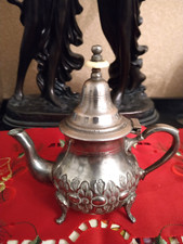 Vintage Silver Plate ? Pewter Islamic Moroccan Footed Embossed Teapot 6.75 ins