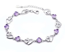 Double Heart Gemstone Charm Chain 925 Sterling Silver Bracelet Women Jewellery