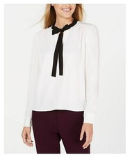 Calvin Klein Long Sleeve Contrast Bow Blouse - White M £95,Premium, fit UK10-12