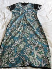 ZARA PRETTY TROPICAL GREEN TIKI 50'S VIBE PRINT & PLAIN SHIFT  DRESS UK 12