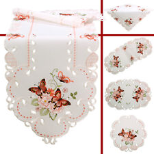 Rose Butterfly Embroidery Spring Tablecloth Table runner Overlay Doily White
