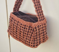 Suede Leather & Bean Pod Top Handle Shoulder Bag, Hobo Rafia, Basket Weave tote