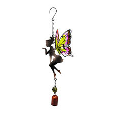 Hanging Fairy Wind Bell Chime - Yellow and Pink Glass Wings Metal Garden Decor