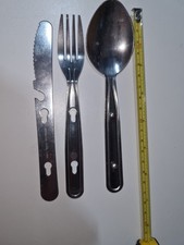 Interlocking stainless steel 3 piece camping cutlery set Integral bottle opener