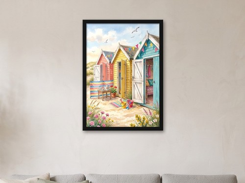 Open beach huts watercolour - beach,