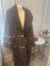 PLT: BROWN FAUX FUR CONTRASTING FAUX LEATHER TRIM MAXI COAT