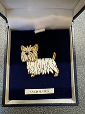 Gold / White Enamel Yorkie Dog Brooch In Gold Tone Metal - 35mm Across