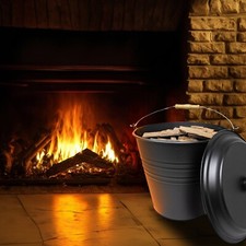 12L METAL ASH BUCKET WITH LID WOODEN HANDLE FIREPLACE CONTAINER LITRE COAL BIN