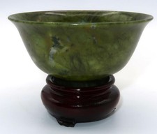 Chinese Spinach Jade Small Bowl w/ Wooden Stand, 2 3/4"