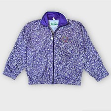 Vintage 90s Diadora Track Jacket S Purple White Baroque Swirls Pattern Floral
