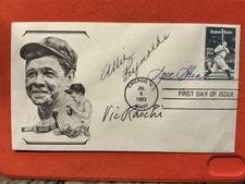 Babe Ruth cachet Auto Signed by 3 NY Yankee pitchers - Reynolds, Raschi & Shea🔥
