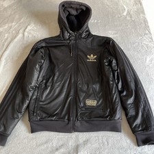 Adidas Chile 62 Jacket Mens Medium Black Wet Look Fleece Lined Hooded Full Zip