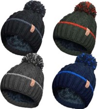 Mens Adults Winter Bobble Beanie Hat Thick Insulated Fleece Thermal Lining NEW