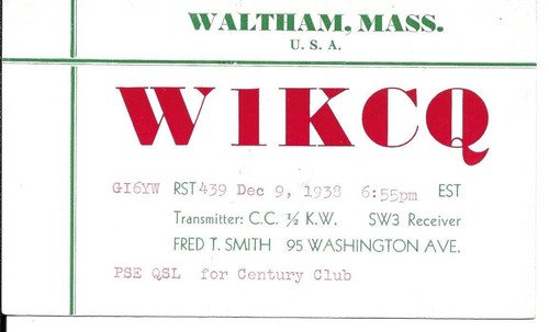 Qsl 1938 waltham radio - waltham, ma