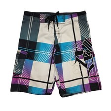 Billabong Shorts Swim Trunks White & Purple Check Lined Uk Men's Size XL