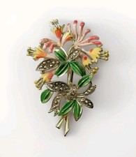 Cold Enamel Brooch Marcasite Exquisite Honeysuckle Flower 50s Rare Retro Vintage