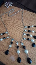 Pearl, Black Bead &  Rhinestone Chain Fringe Necklace lobster claw clasp 