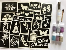 GIRL GLITTER TATTOO PARTY KIT 20 STENCIL/6 PUFFER/GLUE SET-MERMAID/UNICORN/FAIRY
