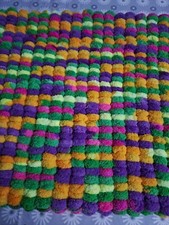  New hand knitted  baby blanket, 20" x 20" soft Pompoms. bright Mix