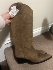 New with Tags Zara Suede Long Taupe Cowboy  Boots - Size 39 - Current Season