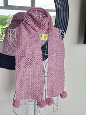 Hand Made Crochet 64 ins Scarf with Pom Poms 100% Pure Merino DK Wool, Soft Pink