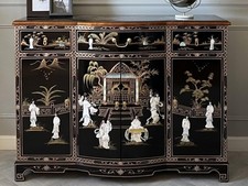 Oriental Chinese Black Lacquer Bow Front Sideboard with Mother of Pearl Inlay