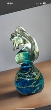 Mdina Sea Horse Art Glass Paperweight Turquoise And Clear Glass With Signature