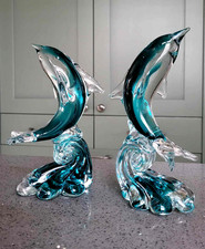 Vintage Pair Of Dolphin Fish Figurines Murano Glass Hand Blown
